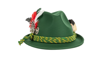 A traditional Bavarian Lederhosen hat with green felt, red and white feathers, and a yellow and green rope band.