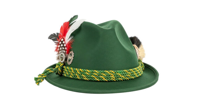 A traditional Bavarian Lederhosen hat with green felt, red and white feathers, and a yellow and green rope band.