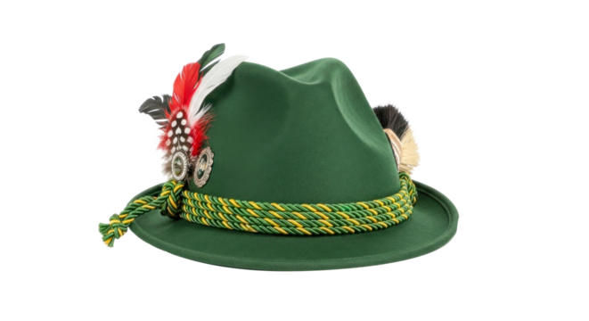 A traditional Bavarian Lederhosen hat with green felt, red and white feathers, and a yellow and green rope band. - Powered by Adobe