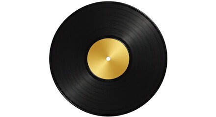 A black vinyl record with a shiny gold center label is isolated on a white background