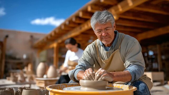 A group of retirees takes a pottery class in a sunny studio with clay covered hands spinning wheels and shelves of drying pots rendered in a tactile photo with clay textures