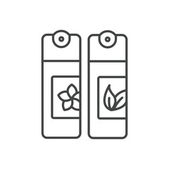 Two rectangular bottles sidebyside Each has a label one with a flower the other with leaves A small round knob tops each. Editable stroke. Vector illustration