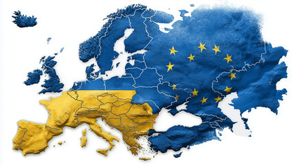 A map of europe divided into two sections one with the ukrainian flag and the other with eu flag