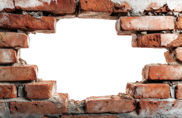 Broken red brick wall with hole in center, isolated on transparent cutout background