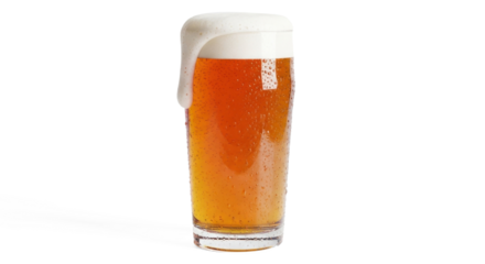 A glass of beer with a frothy head on a white background.