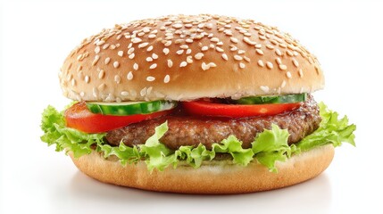 Ultra quality image of burger with sesame seed bun, isolated on white , fast-casual, classic.
