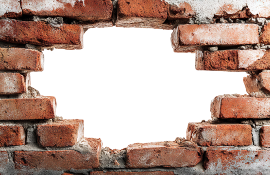 Broken red brick wall with hole in center, isolated on transparent cutout background - Powered by Adobe