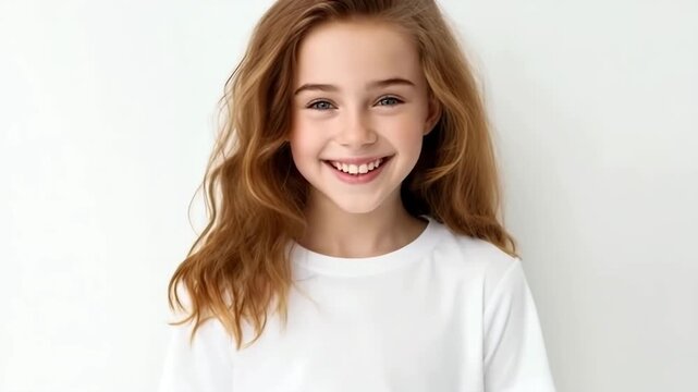 Teenage girl with red wavy hair smiling in a white t-shirt on a bright studio background, expressing natural childlike emotions and genuine happiness.