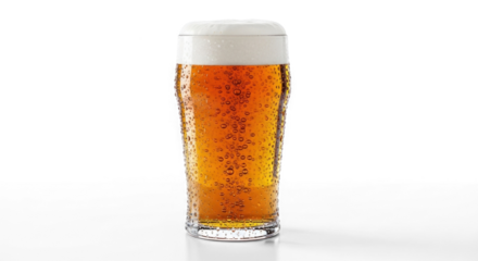 A glass of beer with a frothy head on a white background.