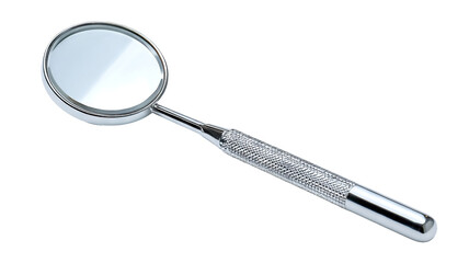 Metal dental mirror with textured handle, isolated on transparent cutout background