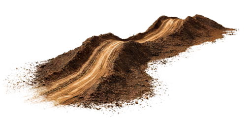 Muddy off-road path with deep tire marks, isolated on transparent cutout background