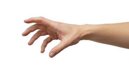 A Caucasian hand palm down fingers reaching as if grabbing against a white backdrop