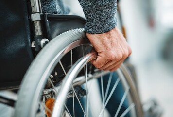 Obraz premium Wheelchair in motion shows a focused hand grip, emphasizing accessibility and independence