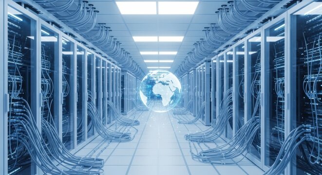 Data Center Server Room with Globe Digital Network in Modern Technology Environment