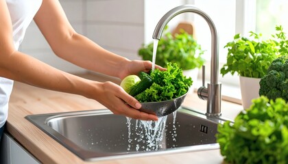 Woman Hands Washing Fresh Green Vegetables in Stainless Steel Kitchen Sink with Water Flow