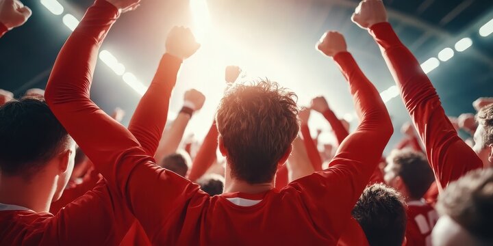 A dynamic crowd in red jerseys cheers passionately, raising their fists in celebration during a sports event, capturing the excitement of teamwork and victory.