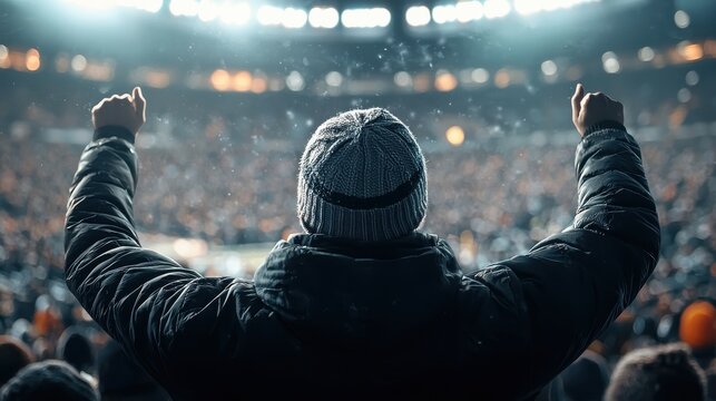 A cheering fan in a stadium, wearing a knit hat, celebrates amidst a crowd, creating an electrifying atmosphere during a sporting event.