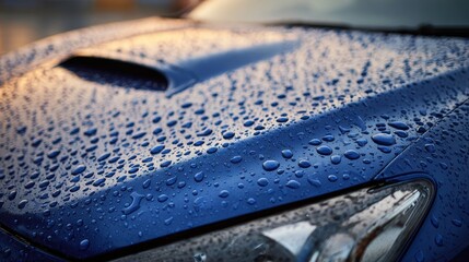 Ultra quality image of car Hood with Water Droplets Showcasing Ceramic Coating: Hydrophobic Protection and High-Gloss Shine".
