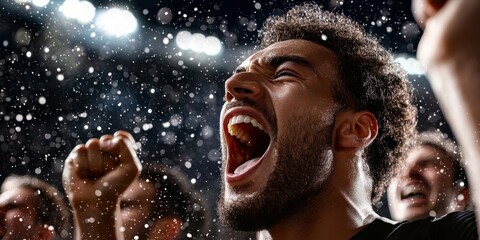 A jubilant crowd celebrates passionately, with a focus on a man shouting in excitement amidst a shower of confetti and dynamic lighting.