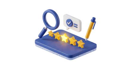 A 3D rendering of a blue and yellow star icon on a blue background with a white speech bubble and pen.
