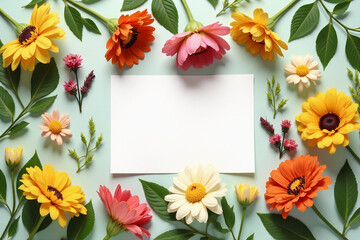 Creative layout made of flowers and leaves with paper card note. Flat lay. Nature concept. 3d rendering.