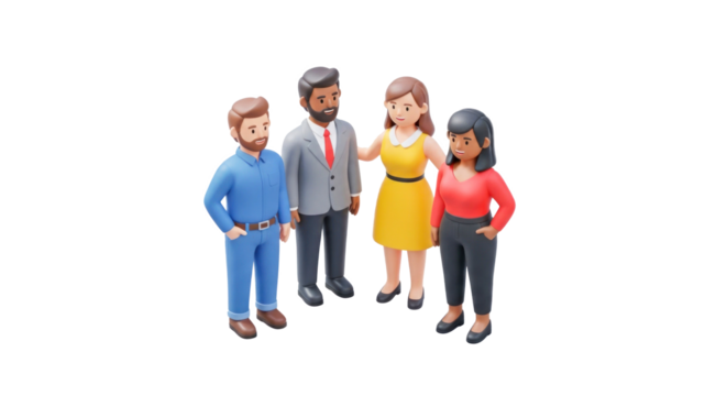 Four people standing together in a group, wearing business attire. - Powered by Adobe