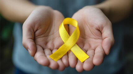 Hands holding yellow ribbon with soft light, Setembro Amarelo concept