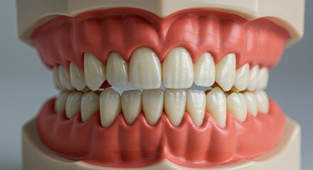 Obraz premium A dental model exhibits a set of teeth embedded in pink gums displaying central incisors lateral incisors canines and premolars