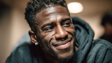 Young black man smiling confidently in a warm indoor setting during a lively gathering with friends