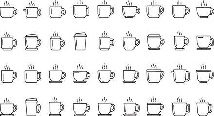 Collection of various coffee cup icons with steam representing hot beverages and refreshments vector