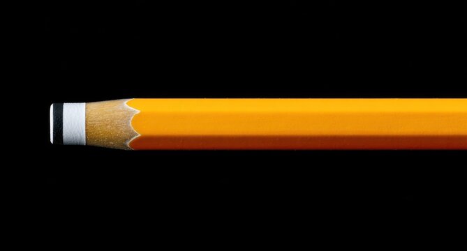 Close-up of a sharpened, yellow pencil against a solid black backdrop, emphasizing its tip and the subtle wood grain texture