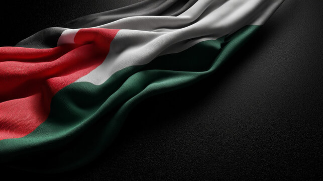 A draped palestine flag with red white and green colors against a dark textured background