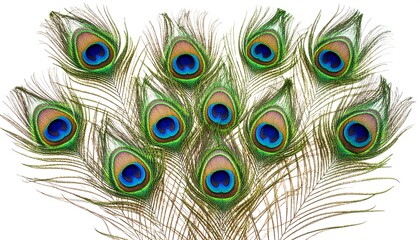 Obraz premium Peacock feathers arranged on a white background