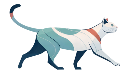 Stylized cat strides left, geometric blue and white patterns, red collar, dark legs, light background, flat vector illustration, modern, calm mood.
