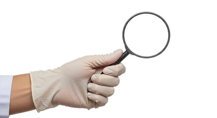 A gloved hand holds a black magnifying glass against a white background