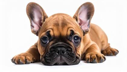 Obraz premium The innocent and soulful gaze of an adorable brown bulldog puppy resting peacefully on a clean white background