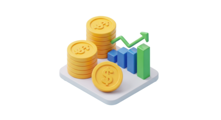 Three stacks of coins with a green upward arrow and a bar graph on a white background.