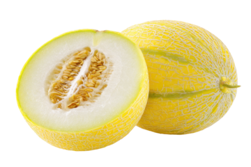 Two cantaloupe halves, one whole, with pale yellow skin and prominent green stripes.  The cut half reveals pale yellow flesh and numerous small, golden seeds