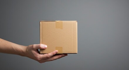 A hand holds a brown taped cardboard box against a solid gray background