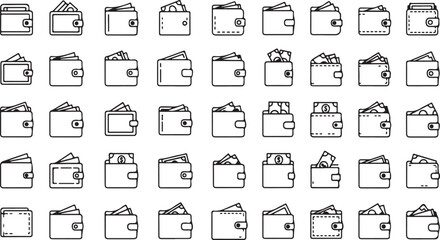 Diverse collection of hand-drawn style wallets and billfolds representing financial security and savings vector