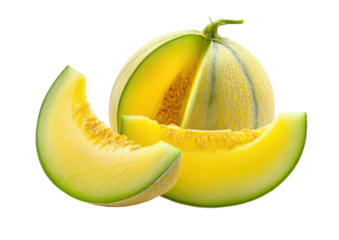 Fresh cantaloupe slices, vibrant yellow flesh, and green rind