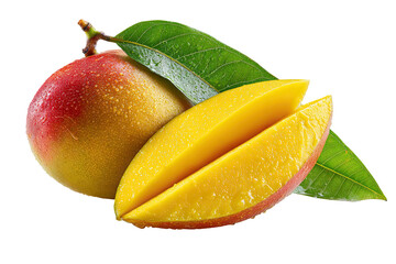 Fresh mango halves with leaves.  A vibrant, ripe mango, one whole and one halved, is displayed against a black background.  The fruit's skin is a mix of red-orange and yellow.