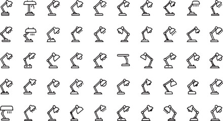 Collection of stylized desk lamp icons in various poses and designs for creative projects vector
