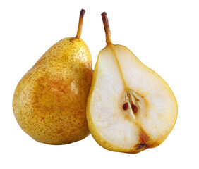 Two pears, one whole and one half, displayed against a black background.  The whole pear is a light golden yellow with scattered, darker brown speckles. 