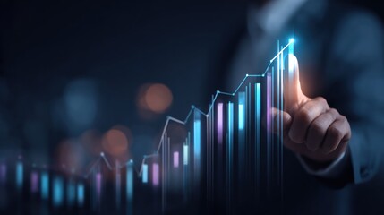 A suited person's finger touches an upward graph, glowing brightly, symbolizing progress and growth against a blurred dark background