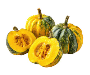 Four small pumpkins, two halved, display a mix of vibrant yellow and dark green stripes
