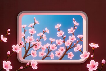 Fototapeta premium A surreal, simple frame in a dark red wall shows pink peach flowers glowing under blue sky, branches spilling outward