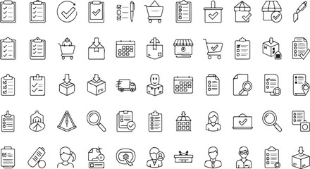 Collection of simple line art icons representing various business and office tasks and objects vector