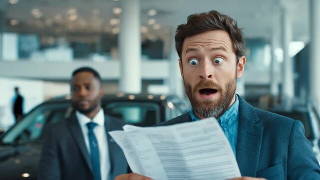Astonished by the Numbers: A man displays shock as he reviews paperwork in a car showroom, his surprised expression a clear sign of disbelief.