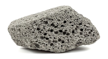 A porous gray pumice rock rests on a white background displaying its many cavities and rough texture